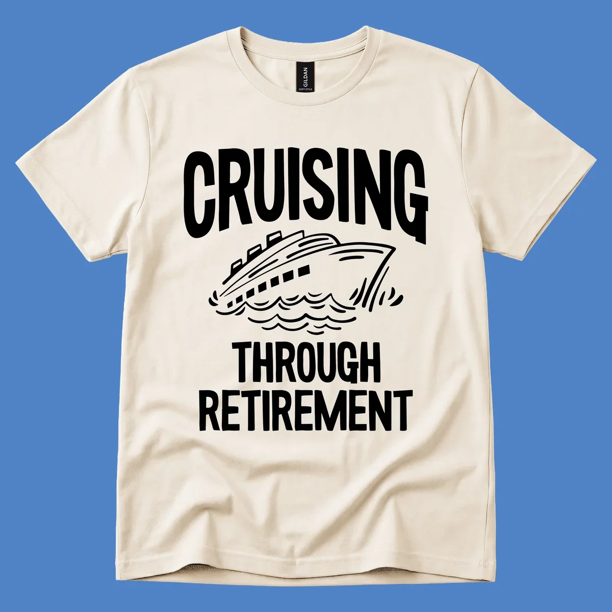White cruise ship illustration with ocean waves and text reading 'Cruising Through Retirement' on gray background