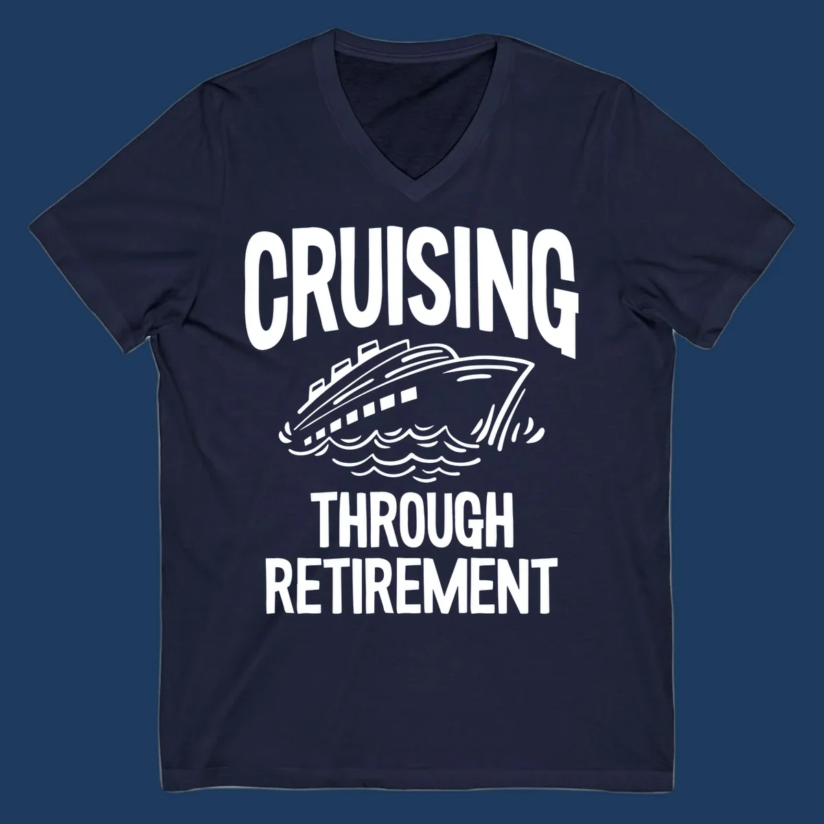 White cruise ship illustration with ocean waves and text reading 'Cruising Through Retirement' on gray background
