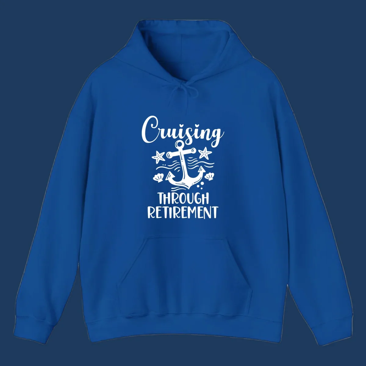 Cruising through retirement nautical design with white anchor, starfish, seashells, and ocean waves on gray background