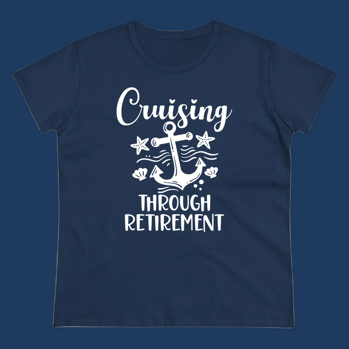 Cruising through retirement nautical design with white anchor, starfish, seashells, and ocean waves on gray background