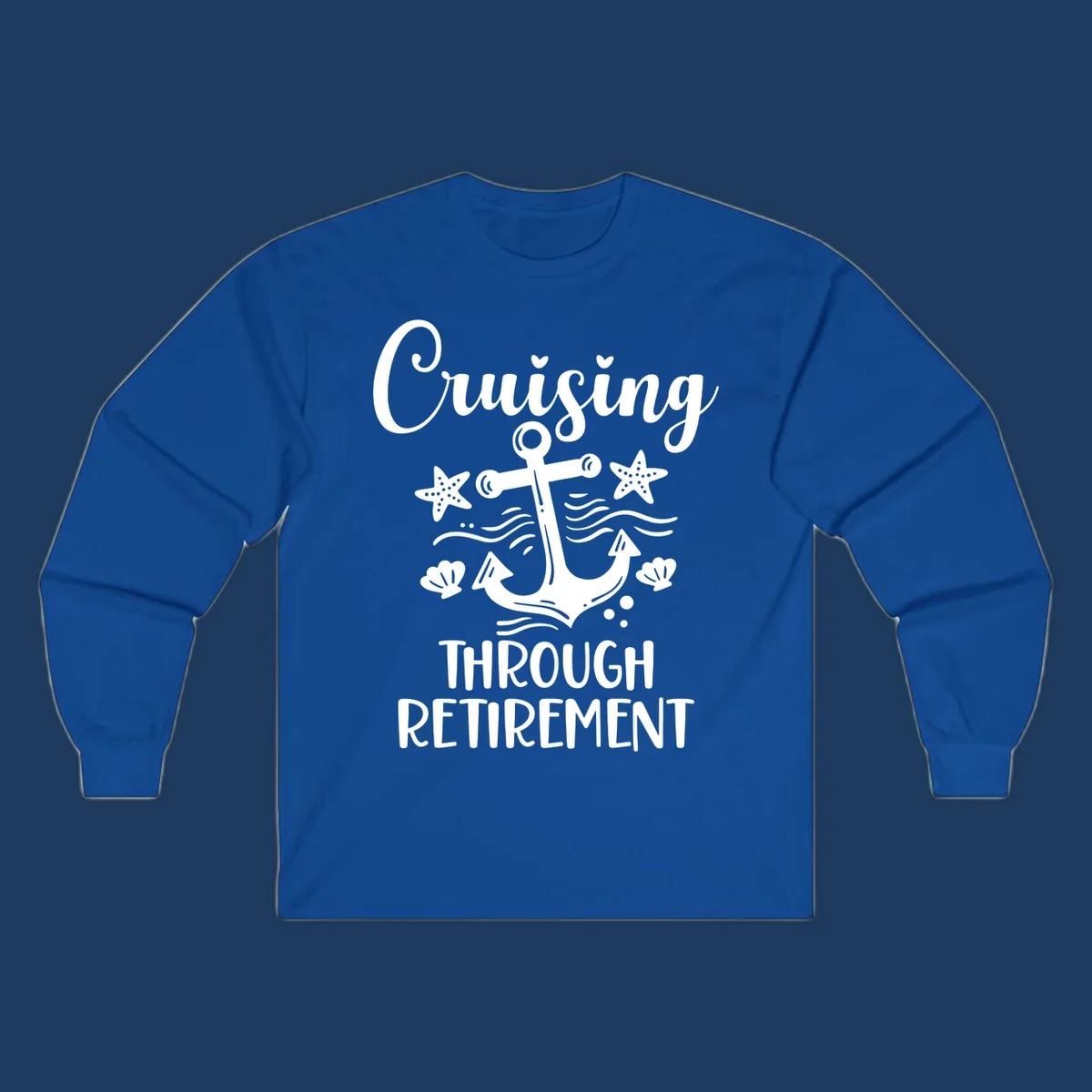 Cruising through retirement nautical design with white anchor, starfish, seashells, and ocean waves on gray background
