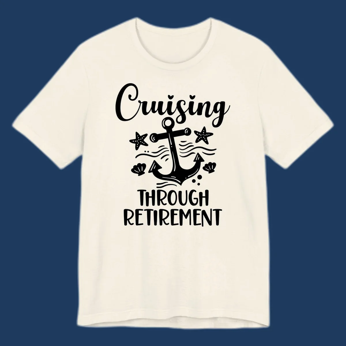 Cruising through retirement nautical design with white anchor, starfish, seashells, and ocean waves on gray background