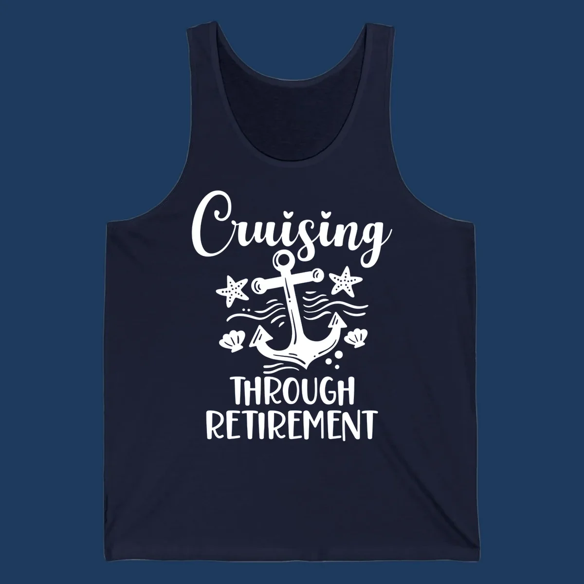 Cruising through retirement nautical design with white anchor, starfish, seashells, and ocean waves on gray background