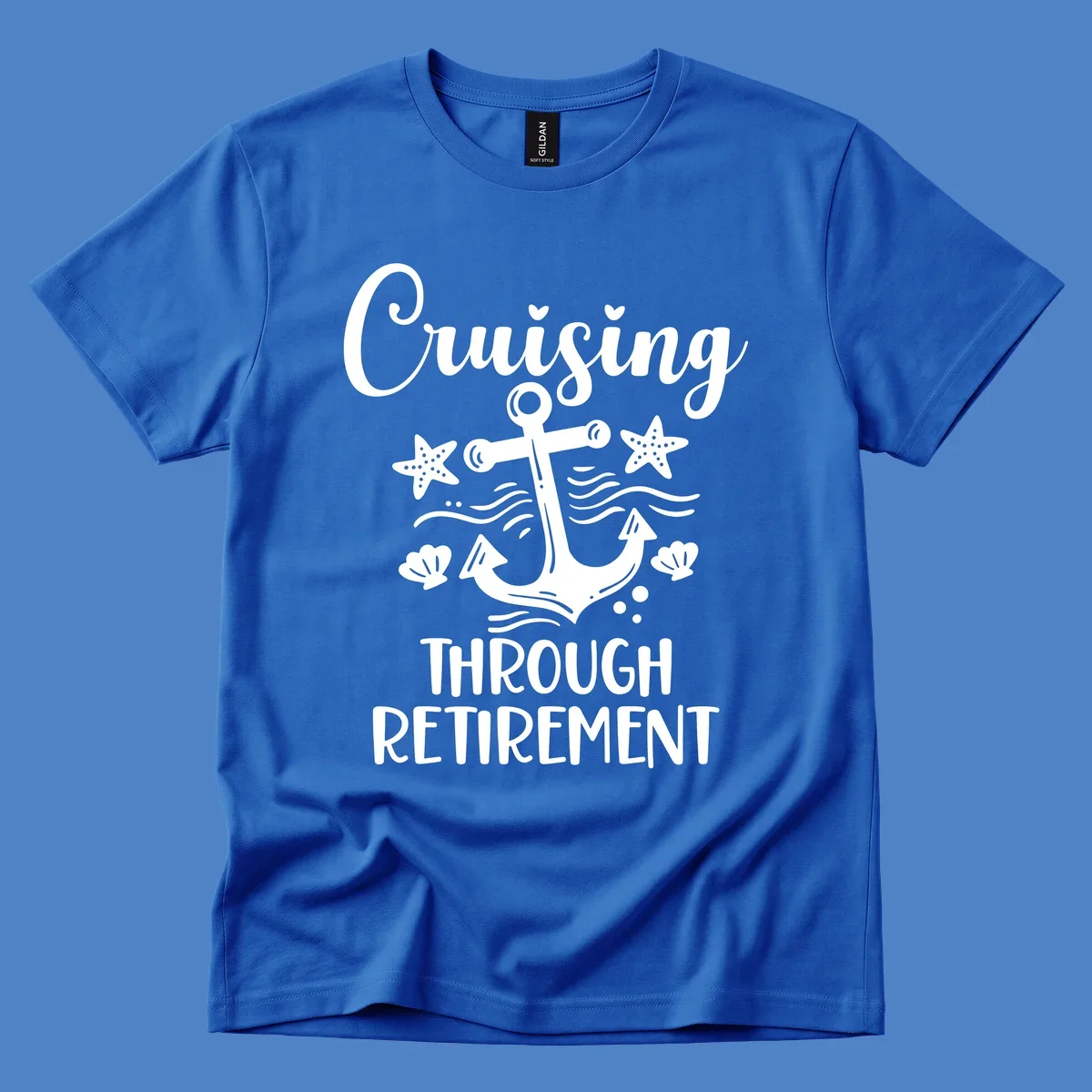 Cruising through retirement nautical design with white anchor, starfish, seashells, and ocean waves on gray background