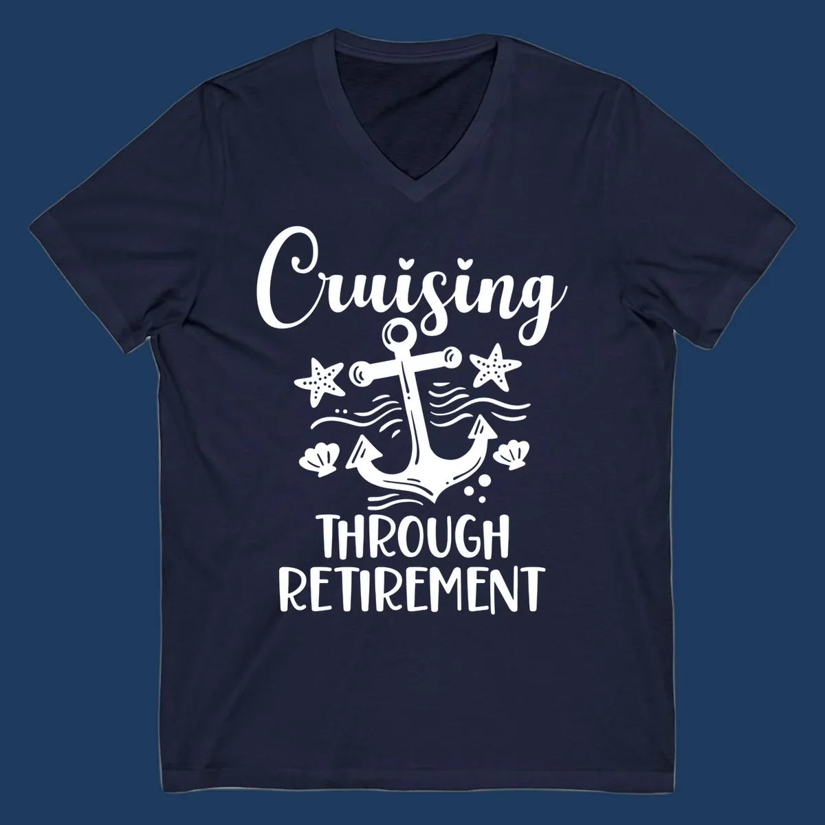Cruising through retirement nautical design with white anchor, starfish, seashells, and ocean waves on gray background