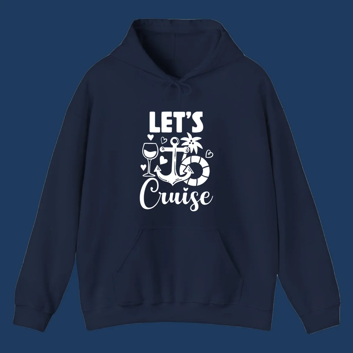 Let's Cruise nautical design with anchor, wine glass, life preserver, tropical flower, and hearts on gray background