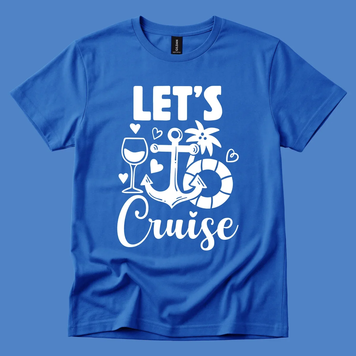 Let's Cruise nautical design with anchor, wine glass, life preserver, tropical flower, and hearts on gray background