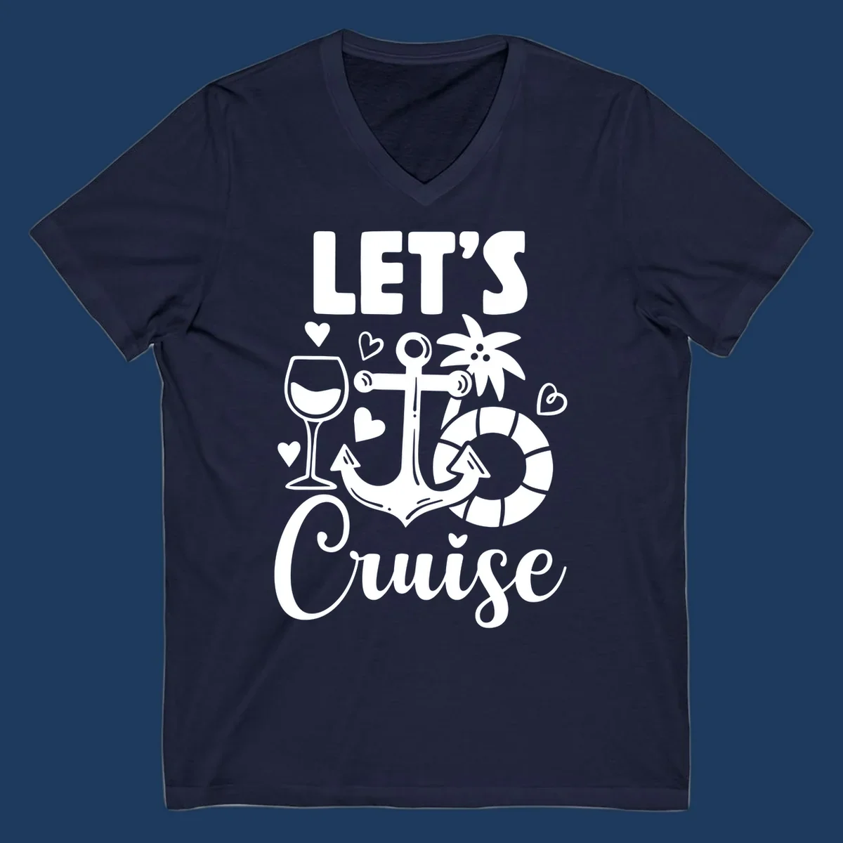 Let's Cruise nautical design with anchor, wine glass, life preserver, tropical flower, and hearts on gray background