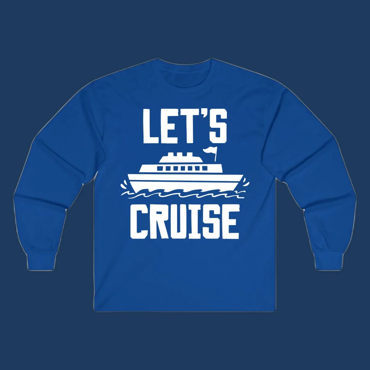 Let's cruise ship design with bold text and cruise ship illustration sailing on ocean waves