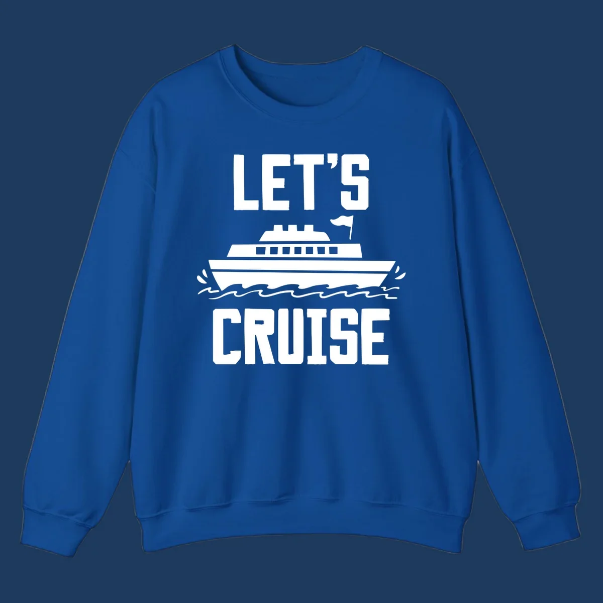 Let's cruise ship design with bold text and cruise ship illustration sailing on ocean waves
