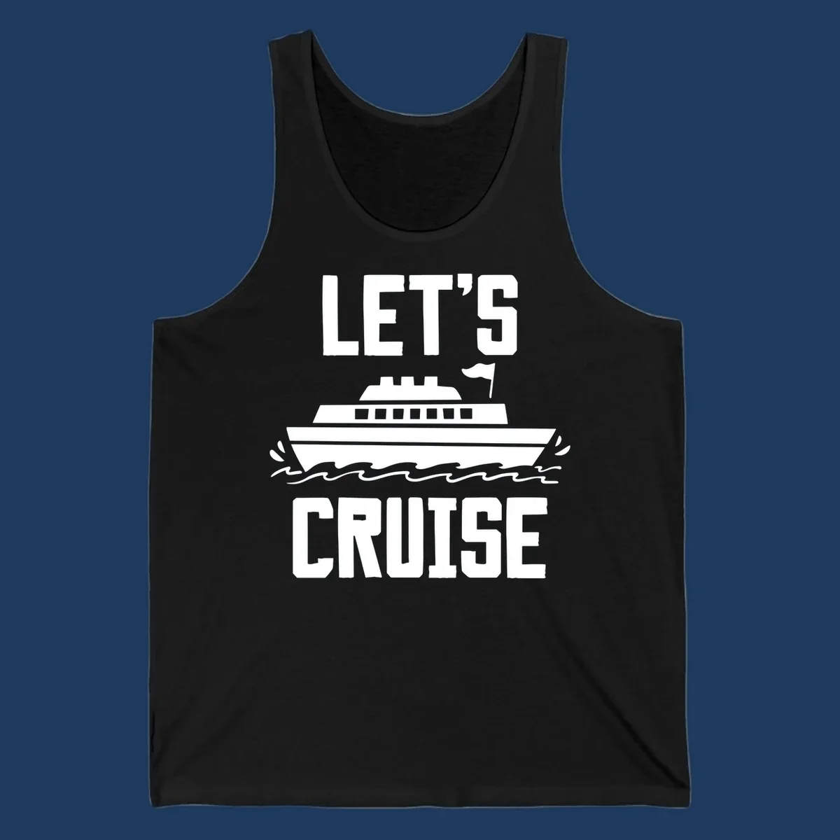 Let's cruise ship design with bold text and cruise ship illustration sailing on ocean waves