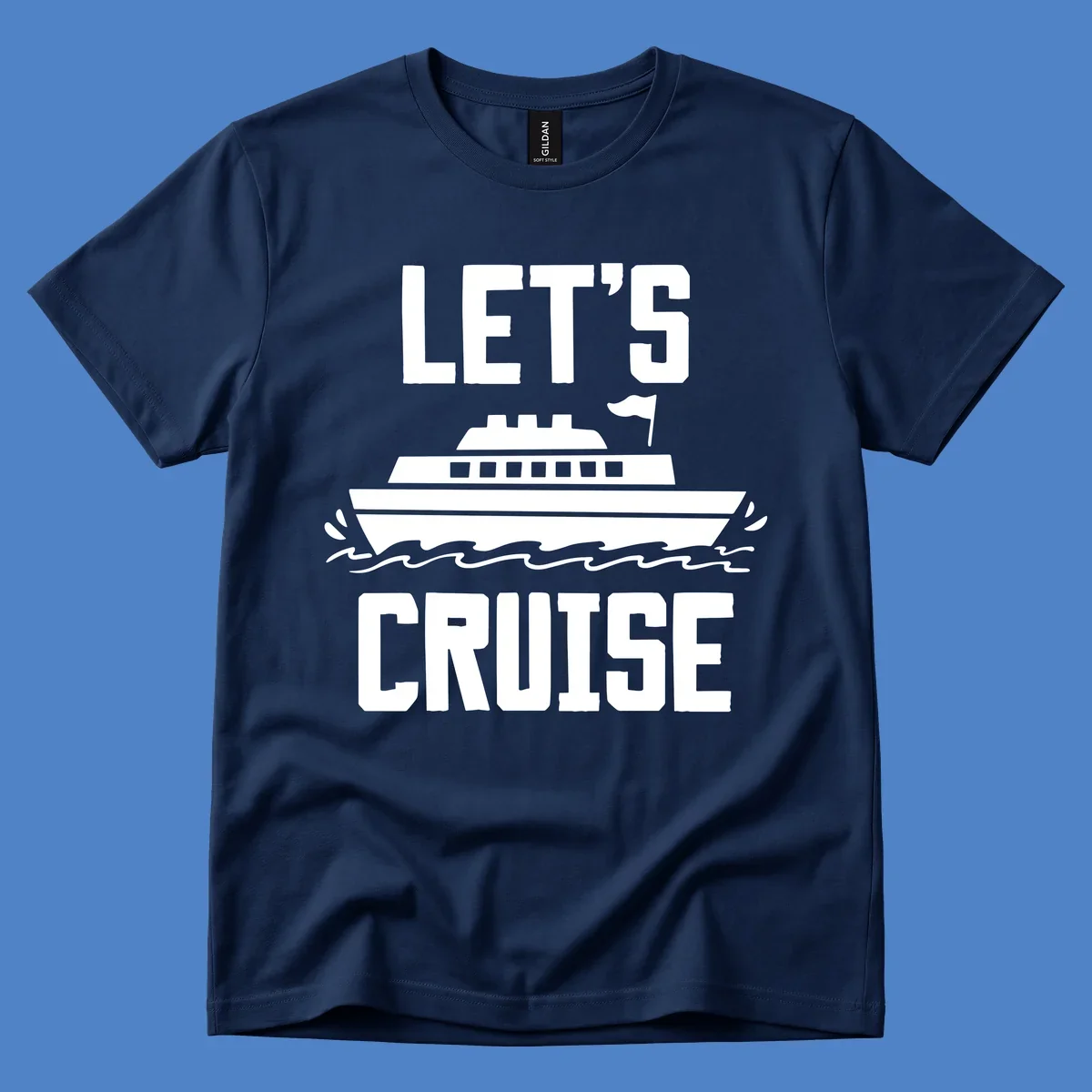 Let's cruise ship design with bold text and cruise ship illustration sailing on ocean waves