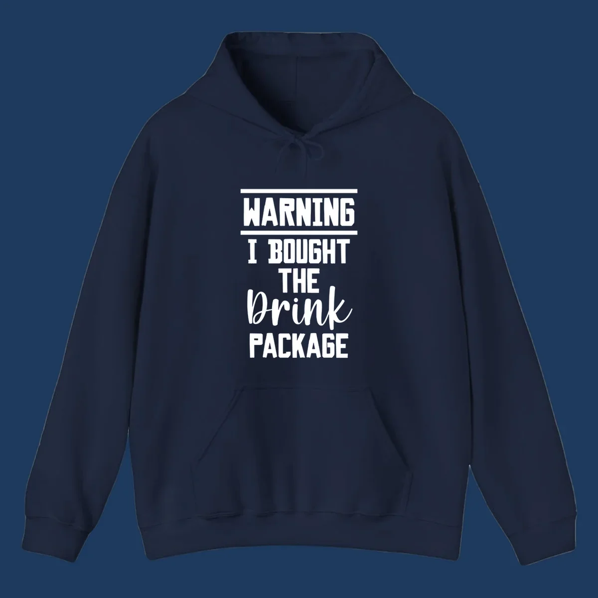 Bold warning-style design saying 'I Bought The Drink Package' in white text on gray background, a humorous cruise vacation shirt