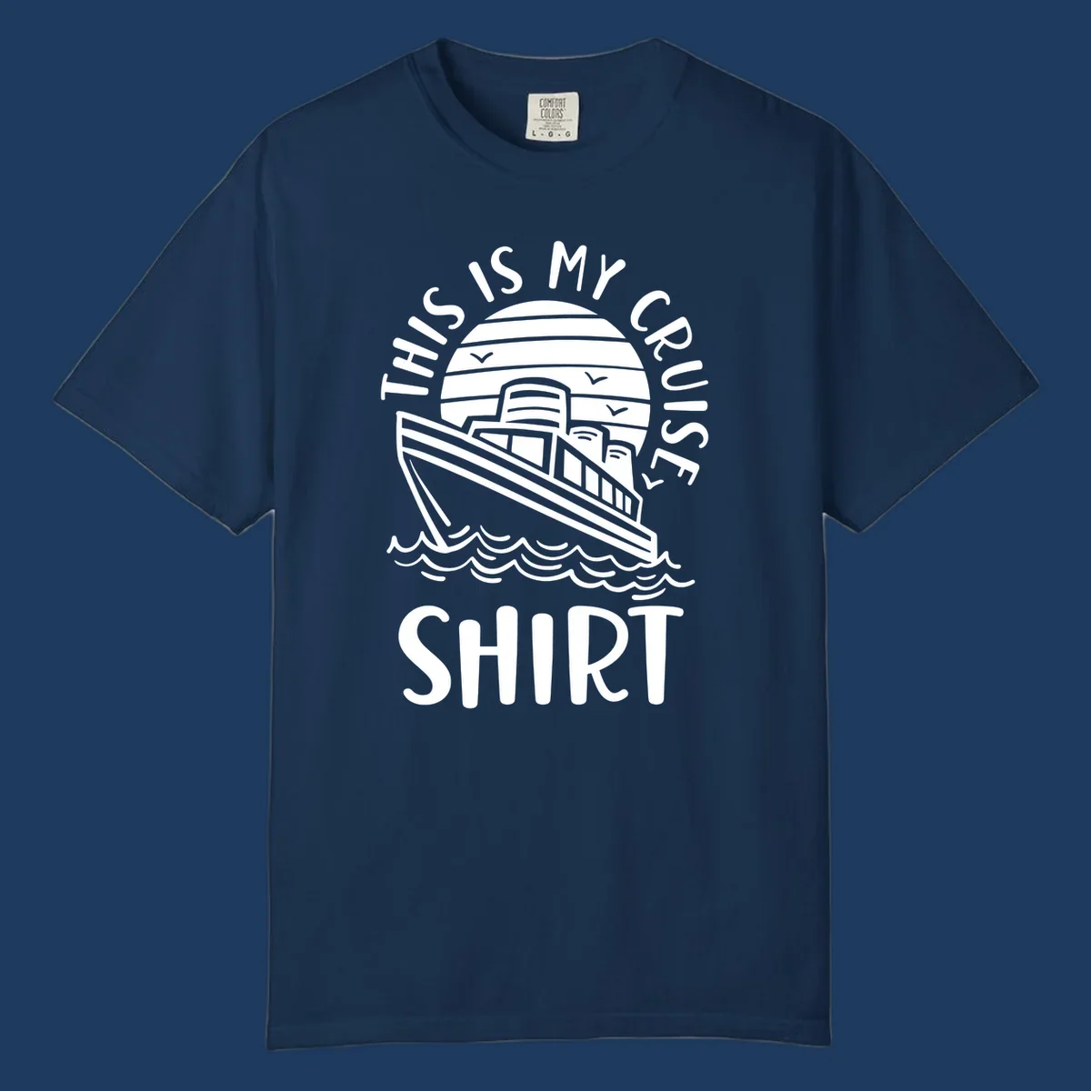 Vintage line art of a cruise ship in circular striped background with ocean waves and 'This Is My Cruise Ship' text