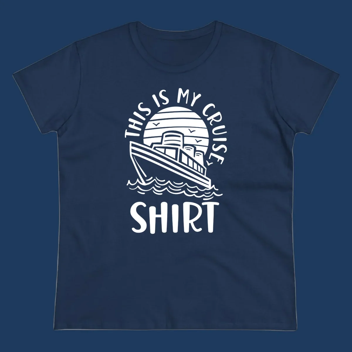 Vintage line art of a cruise ship in circular striped background with ocean waves and 'This Is My Cruise Ship' text