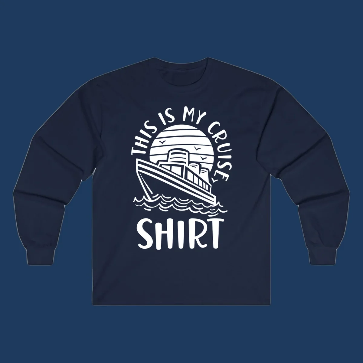 Vintage line art of a cruise ship in circular striped background with ocean waves and 'This Is My Cruise Ship' text