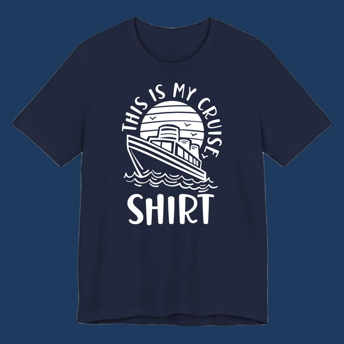 Vintage line art of a cruise ship in circular striped background with ocean waves and 'This Is My Cruise Ship' text