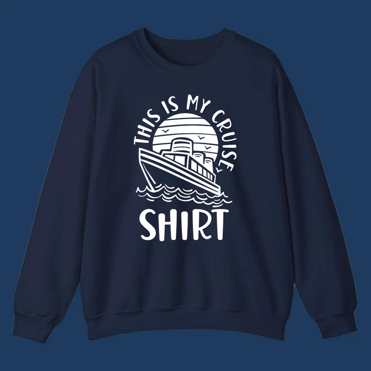 Vintage line art of a cruise ship in circular striped background with ocean waves and 'This Is My Cruise Ship' text