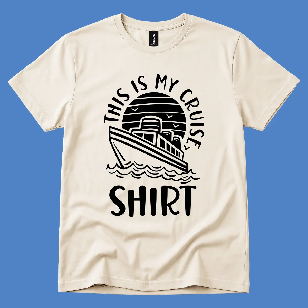 Vintage line art of a cruise ship in circular striped background with ocean waves and 'This Is My Cruise Ship' text