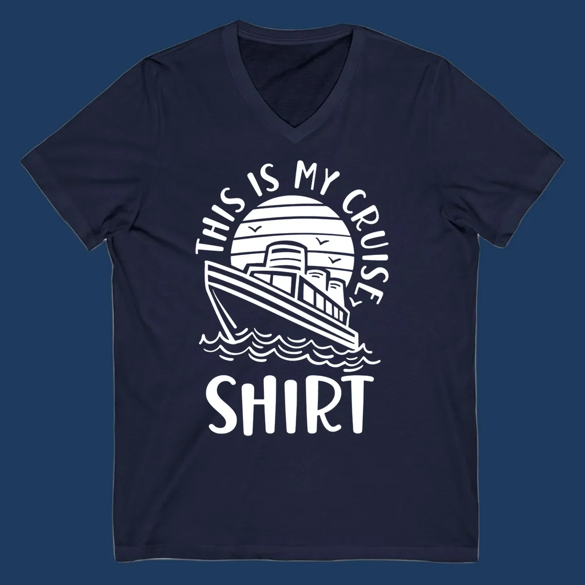Vintage line art of a cruise ship in circular striped background with ocean waves and 'This Is My Cruise Ship' text