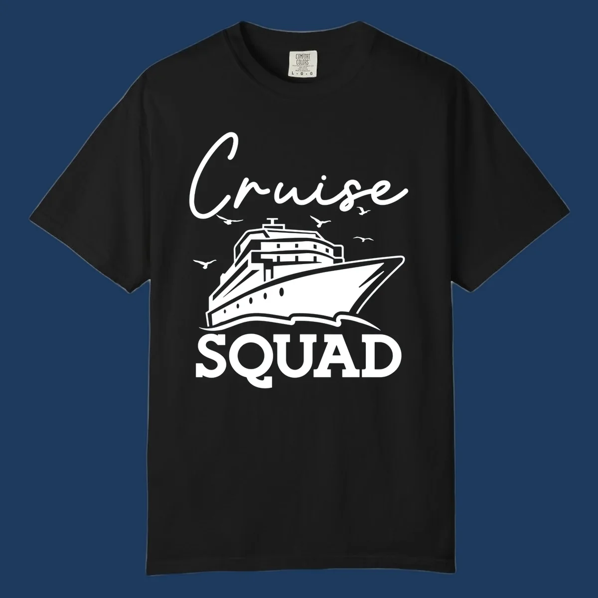 Cruise squad design featuring a ship illustration with seagulls and elegant lettering on gray background