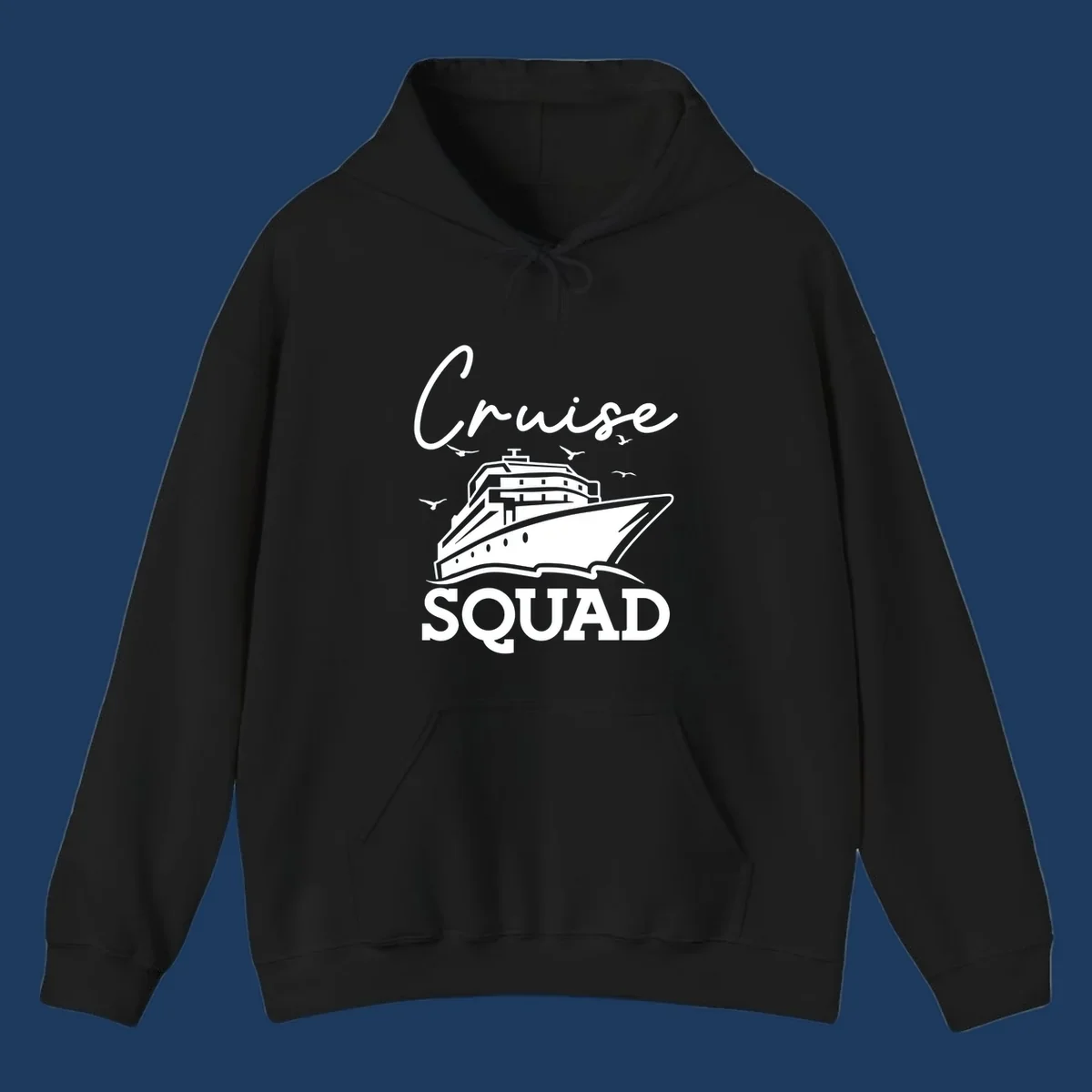 Cruise squad design featuring a ship illustration with seagulls and elegant lettering on gray background