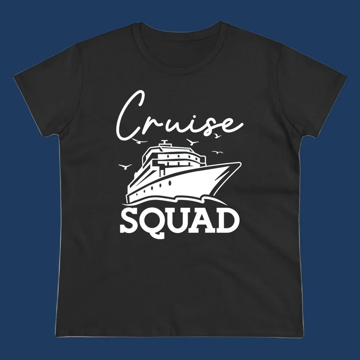 Cruise squad design featuring a ship illustration with seagulls and elegant lettering on gray background
