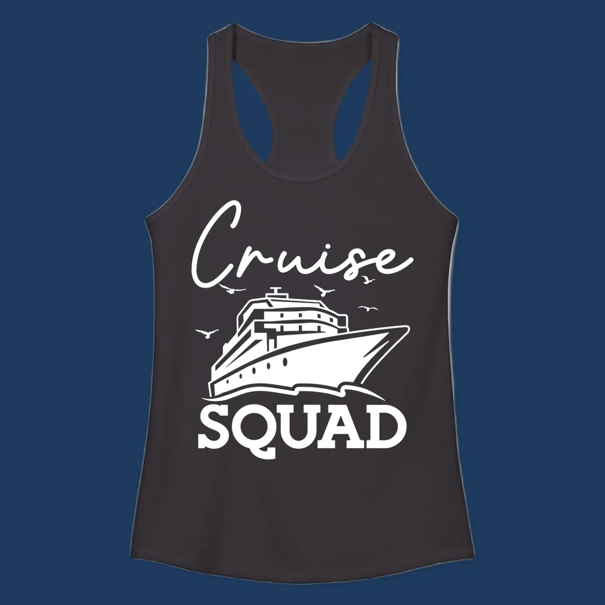 Cruise squad design featuring a ship illustration with seagulls and elegant lettering on gray background