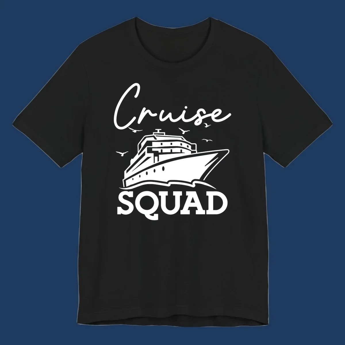 Cruise squad design featuring a ship illustration with seagulls and elegant lettering on gray background