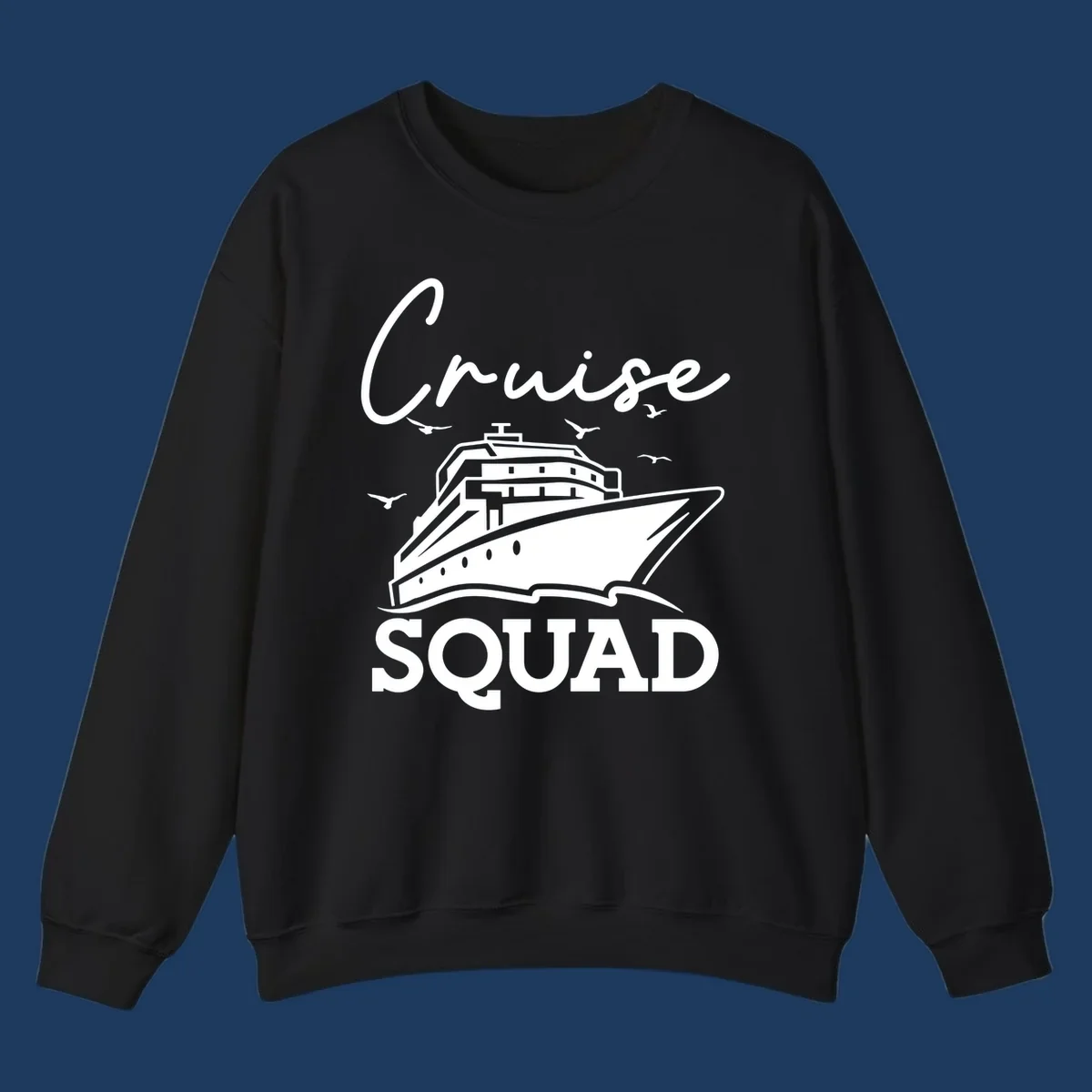 Cruise squad design featuring a ship illustration with seagulls and elegant lettering on gray background