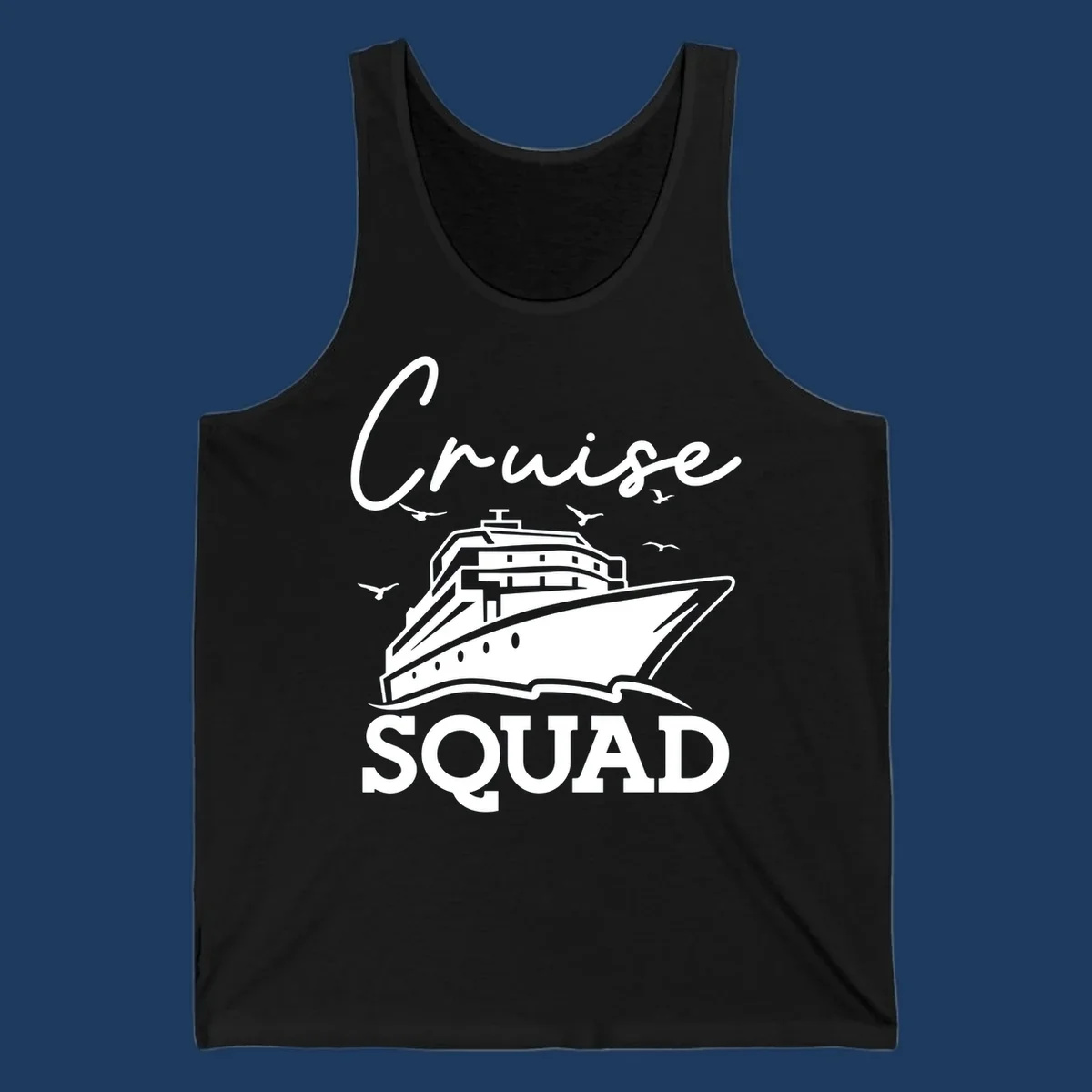 Cruise squad design featuring a ship illustration with seagulls and elegant lettering on gray background