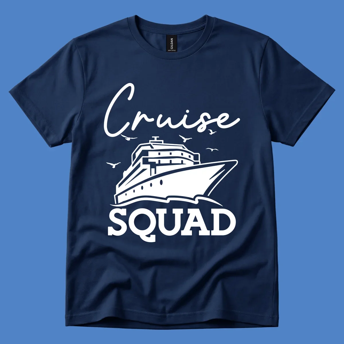 Cruise squad design featuring a ship illustration with seagulls and elegant lettering on gray background