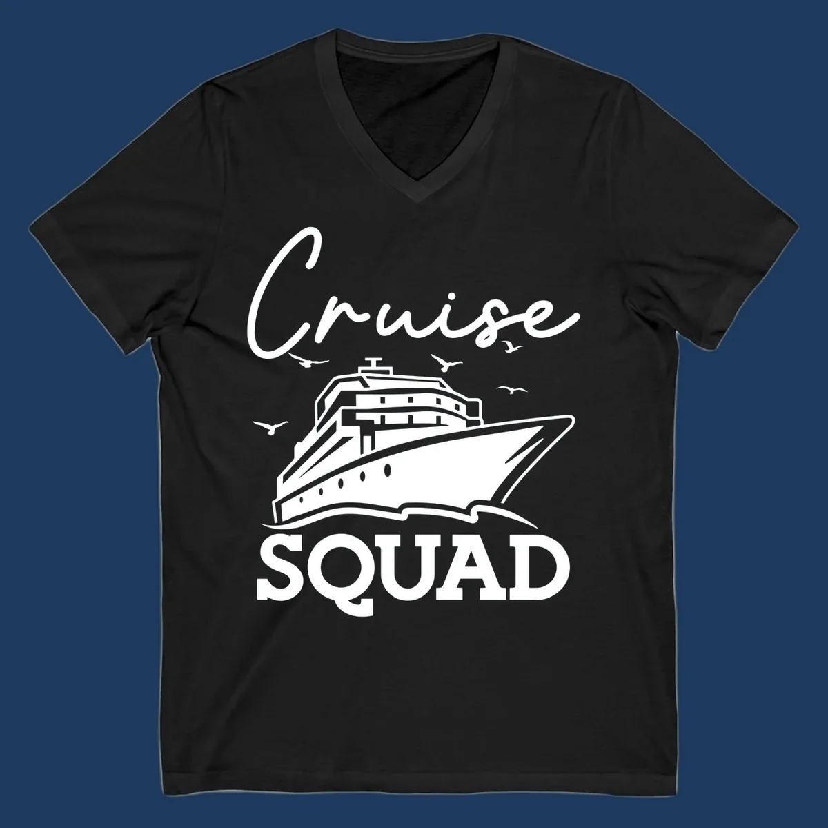 Cruise squad design featuring a ship illustration with seagulls and elegant lettering on gray background
