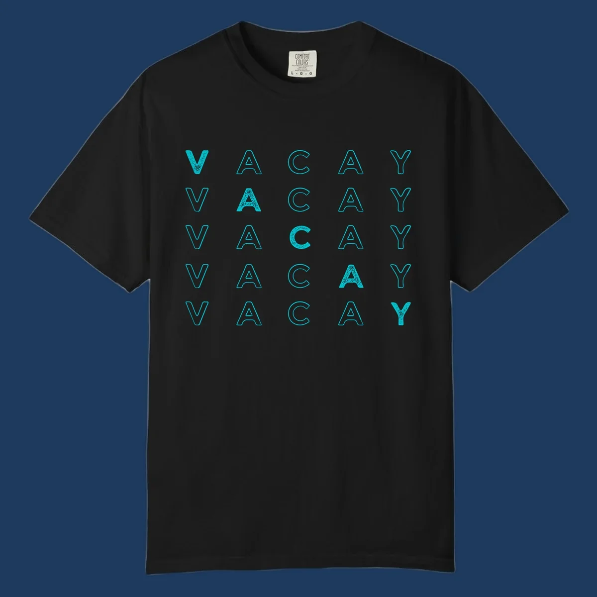 Repeating cyan 'VACAY' text pattern on gray background, vacation-themed design