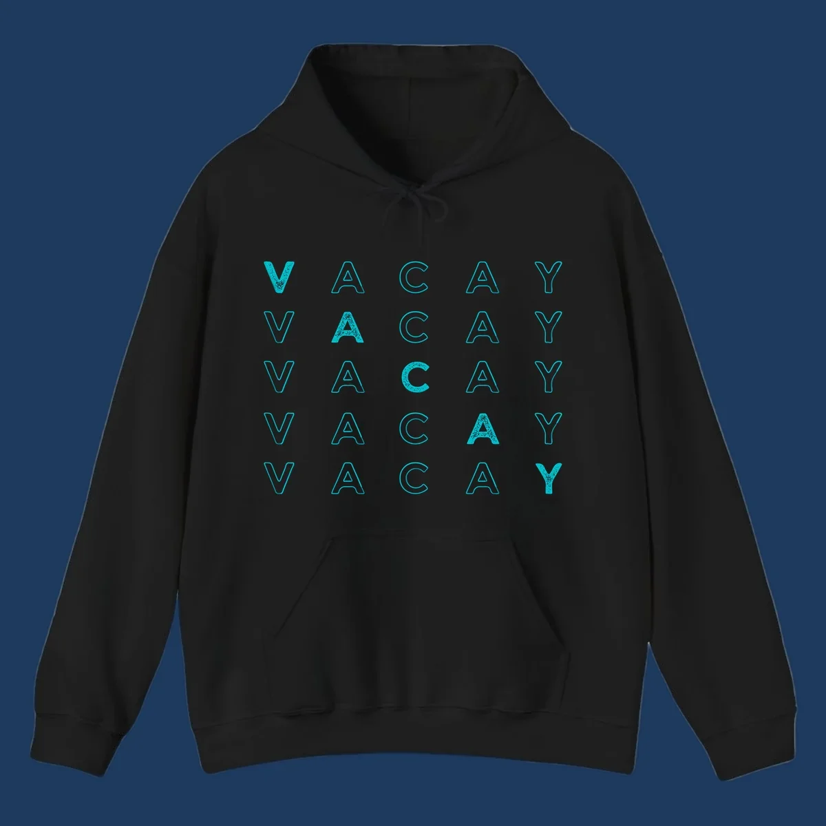 Repeating cyan 'VACAY' text pattern on gray background, vacation-themed design