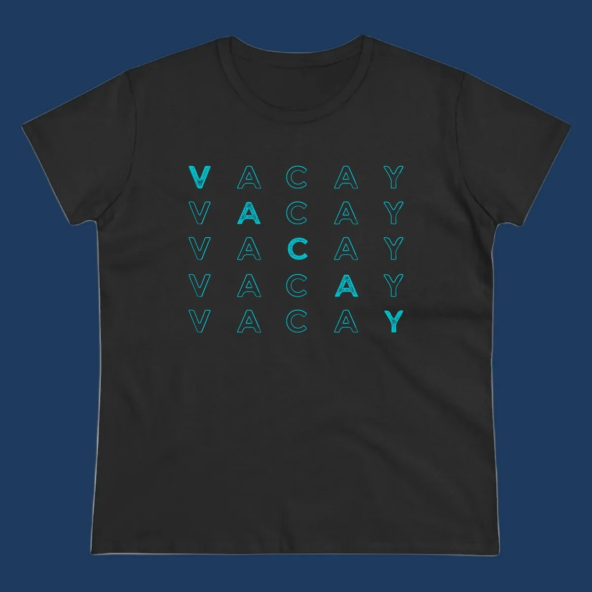 Repeating cyan 'VACAY' text pattern on gray background, vacation-themed design