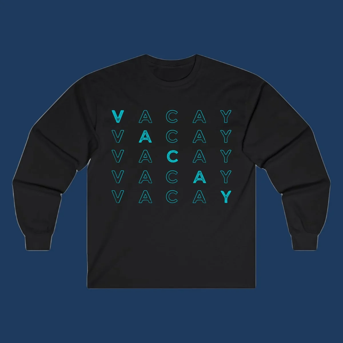 Repeating cyan 'VACAY' text pattern on gray background, vacation-themed design