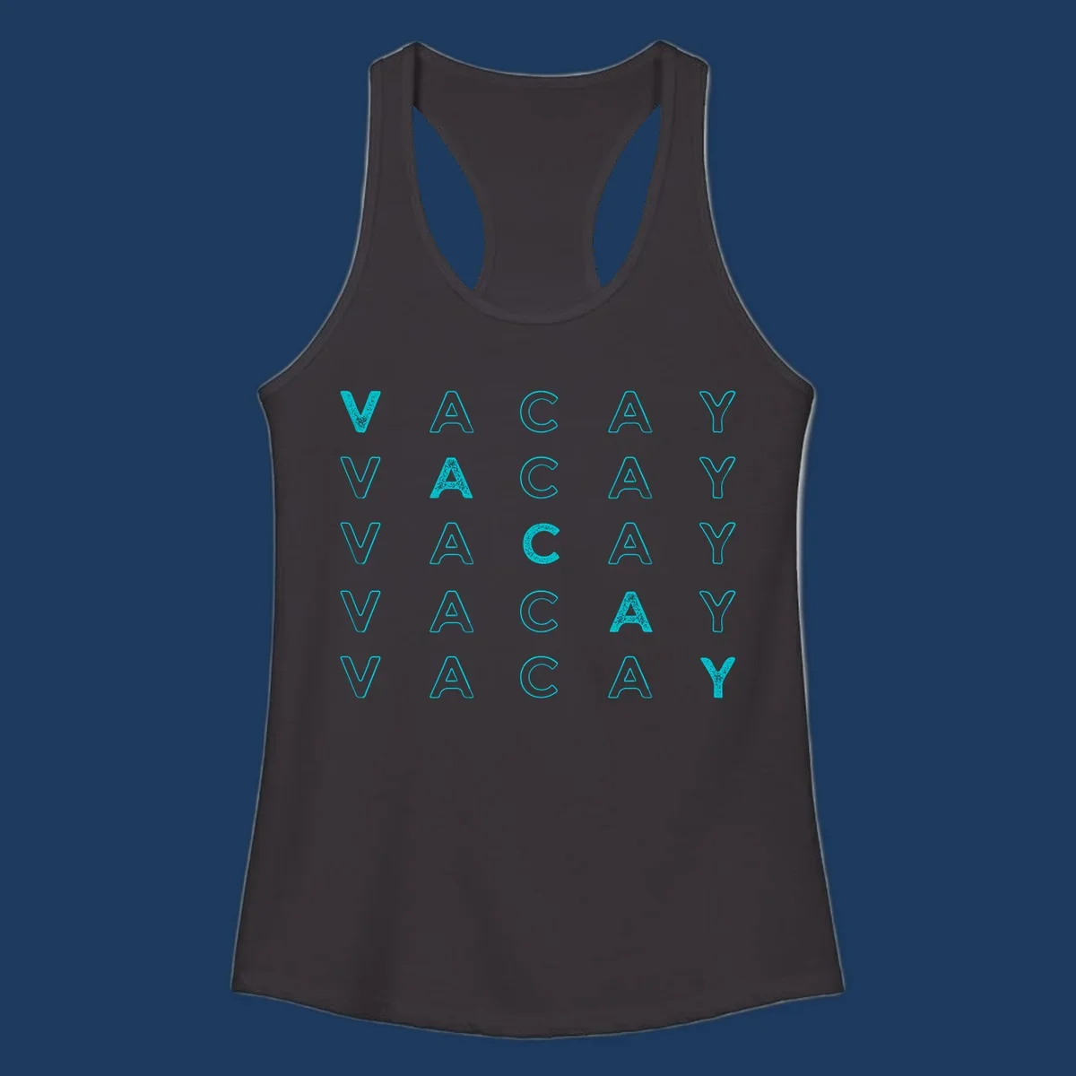 Repeating cyan 'VACAY' text pattern on gray background, vacation-themed design