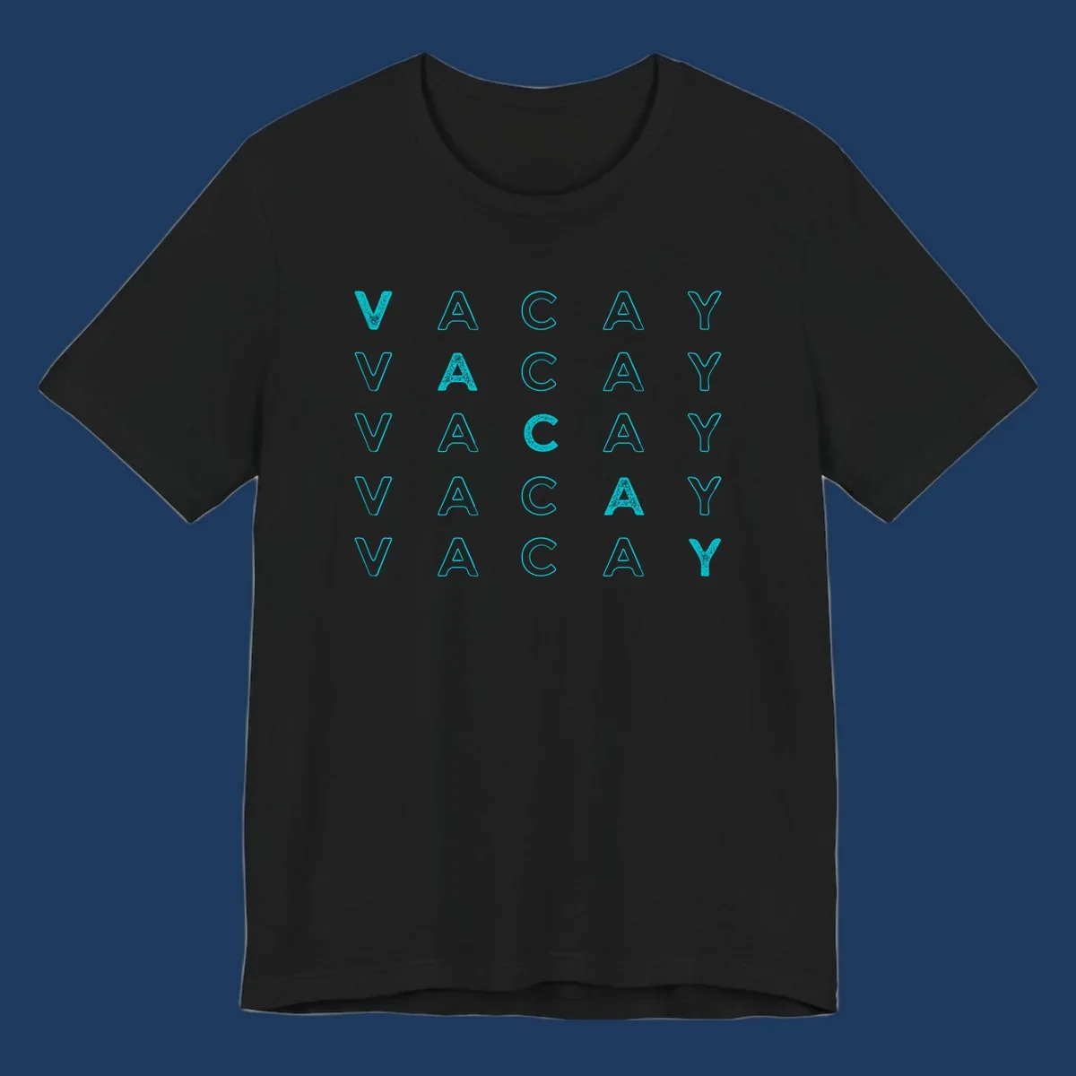 Repeating cyan 'VACAY' text pattern on gray background, vacation-themed design