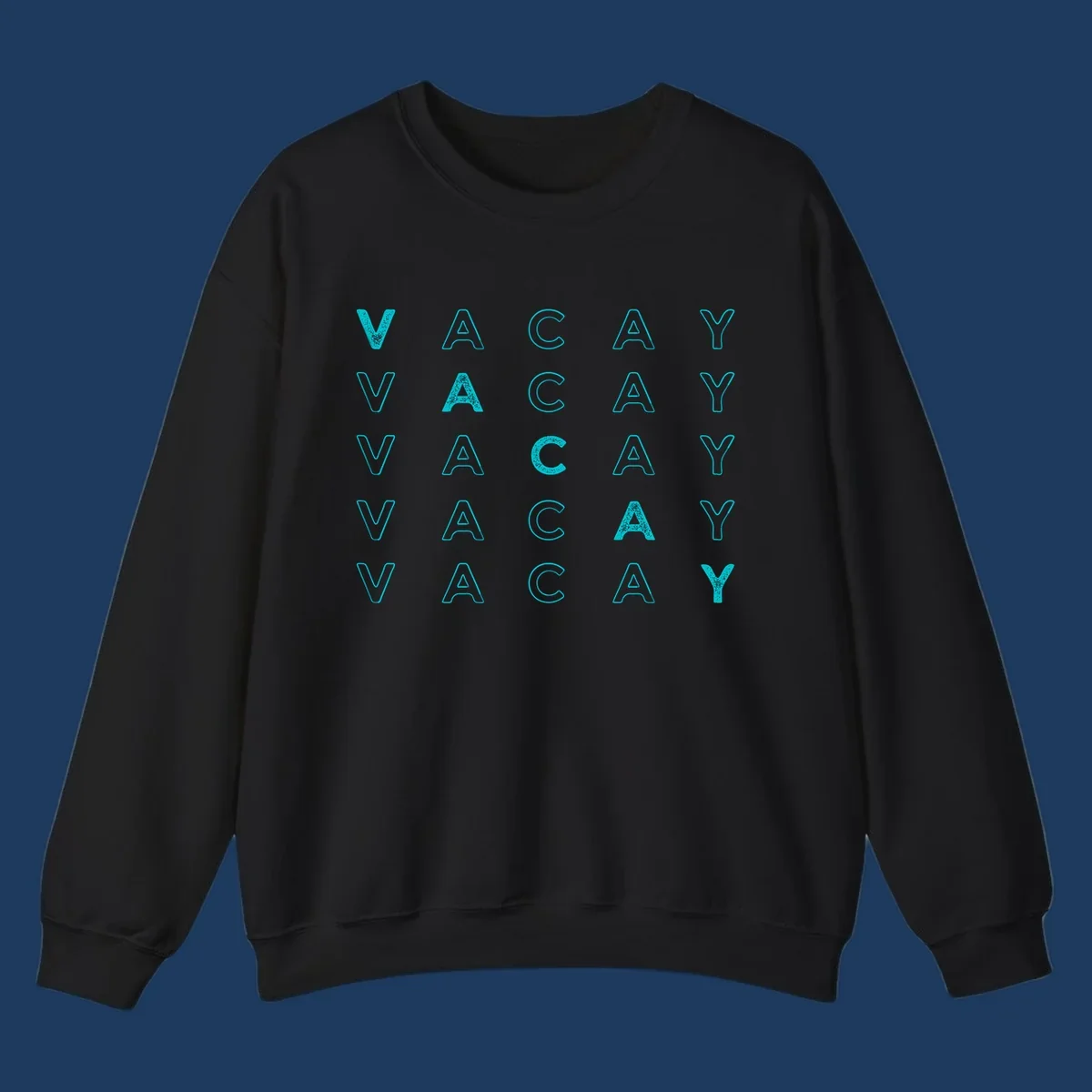 Repeating cyan 'VACAY' text pattern on gray background, vacation-themed design