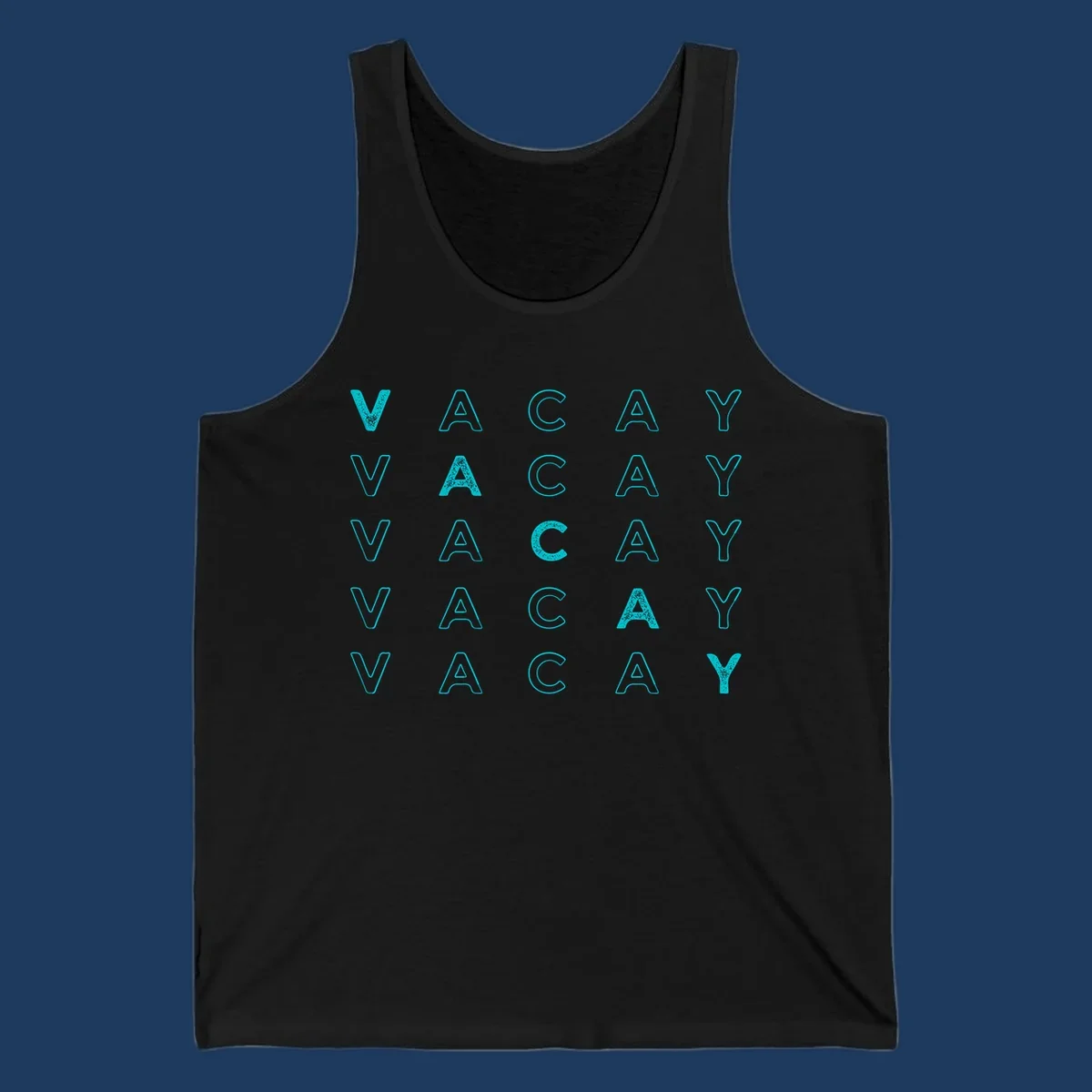 Repeating cyan 'VACAY' text pattern on gray background, vacation-themed design