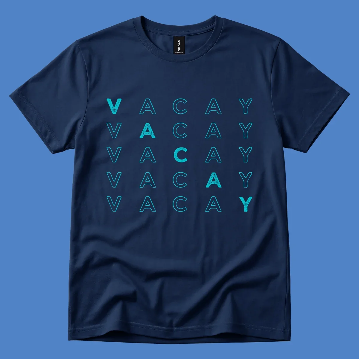 Repeating cyan 'VACAY' text pattern on gray background, vacation-themed design