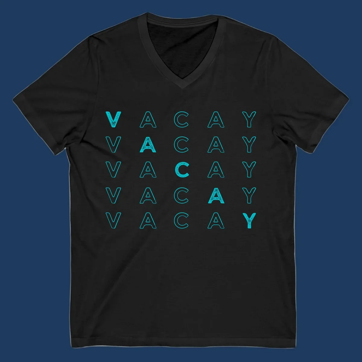 Repeating cyan 'VACAY' text pattern on gray background, vacation-themed design