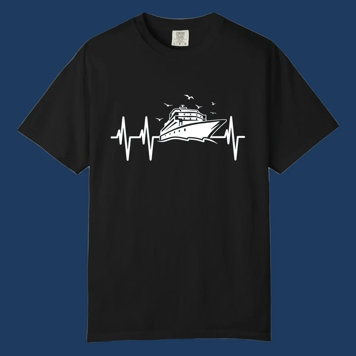 White cruise ship illustration centered between heartbeat monitor lines with flying seagulls on gray background