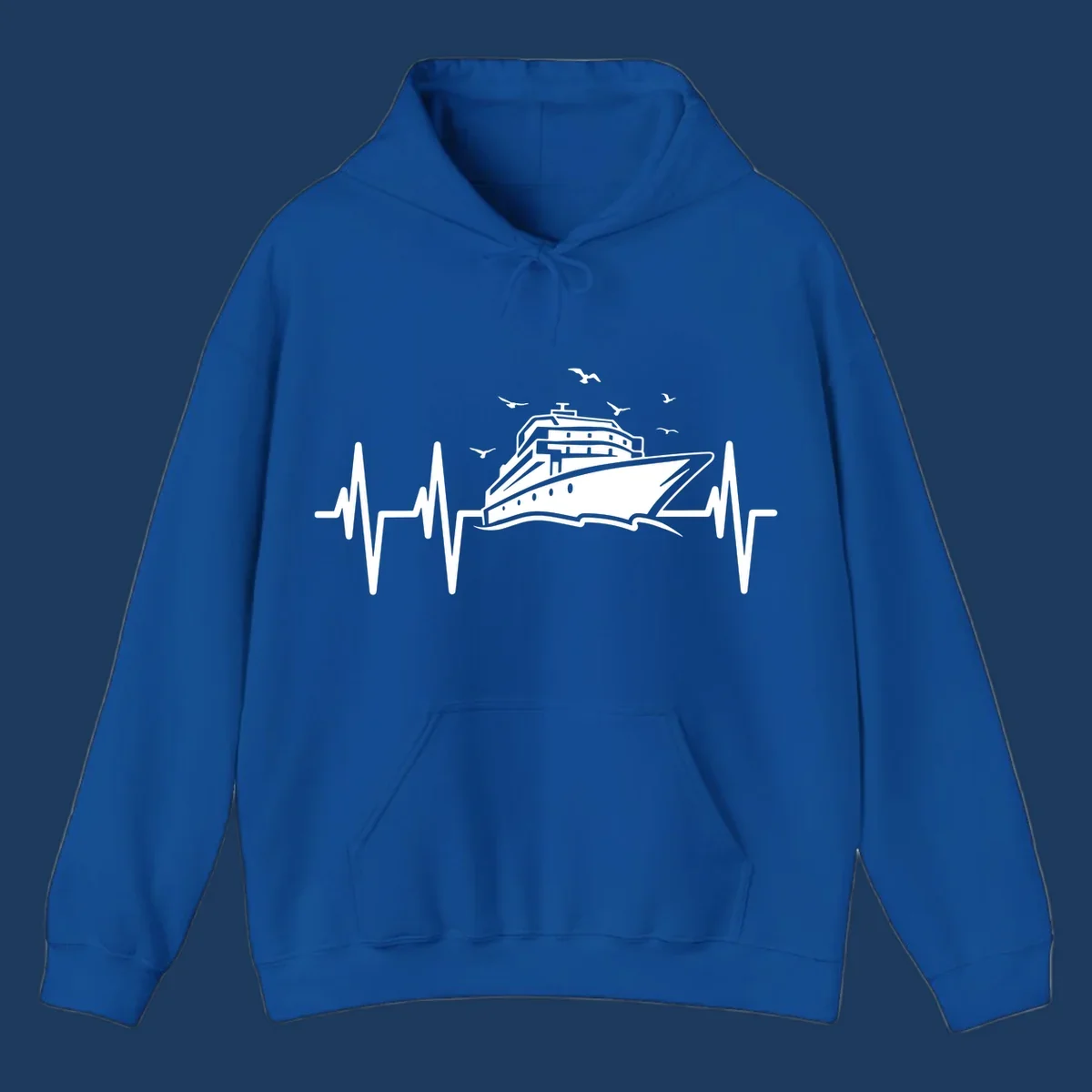 White cruise ship illustration centered between heartbeat monitor lines with flying seagulls on gray background