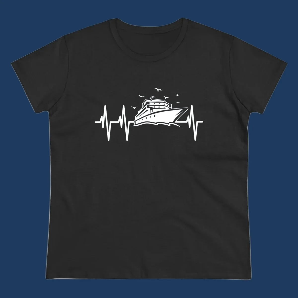 White cruise ship illustration centered between heartbeat monitor lines with flying seagulls on gray background
