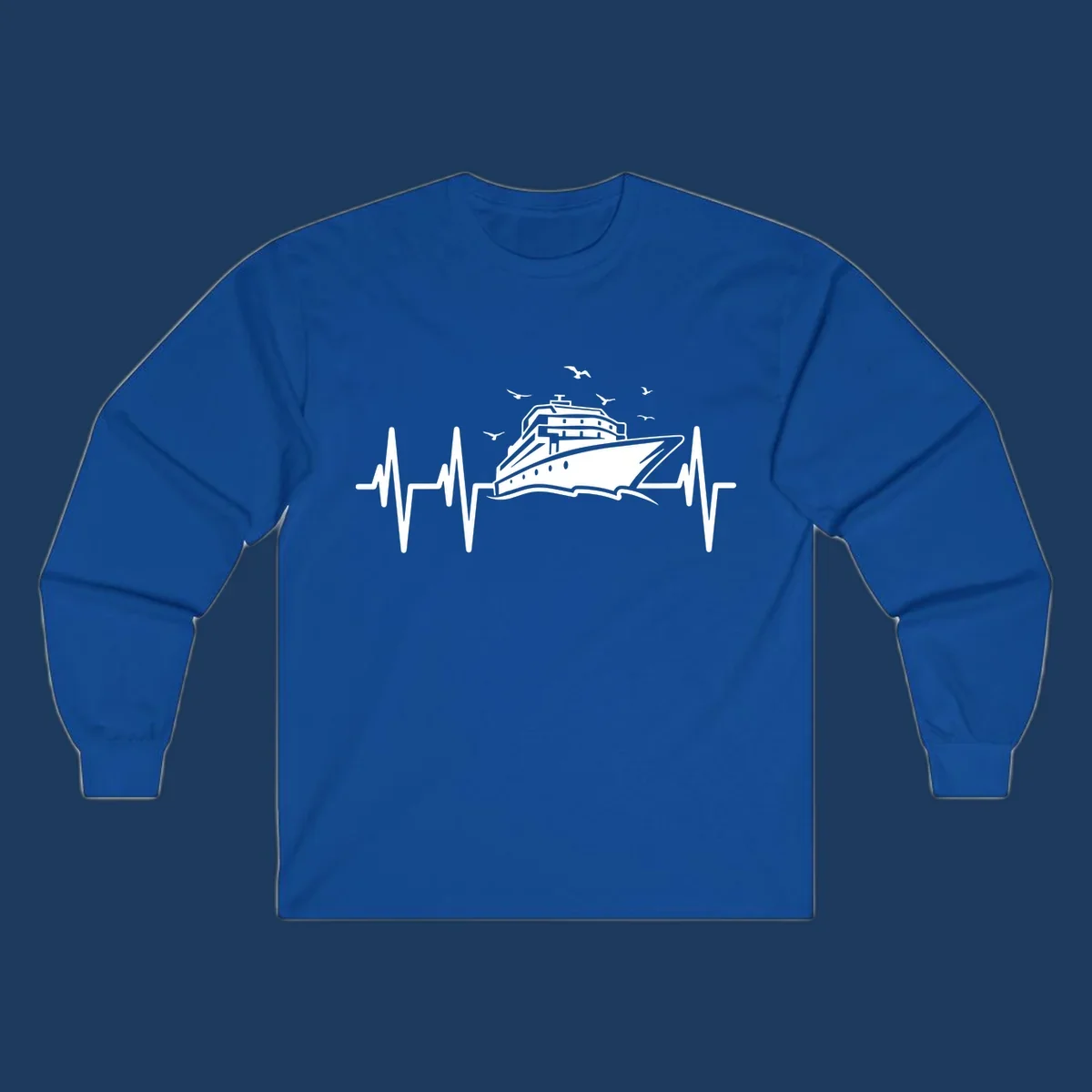 White cruise ship illustration centered between heartbeat monitor lines with flying seagulls on gray background