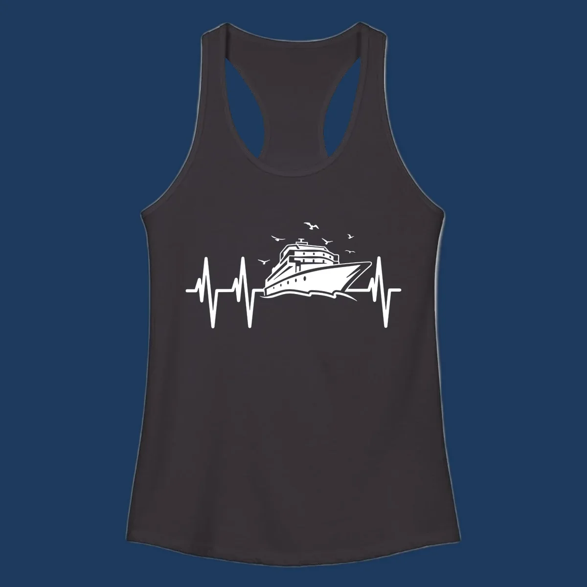 White cruise ship illustration centered between heartbeat monitor lines with flying seagulls on gray background