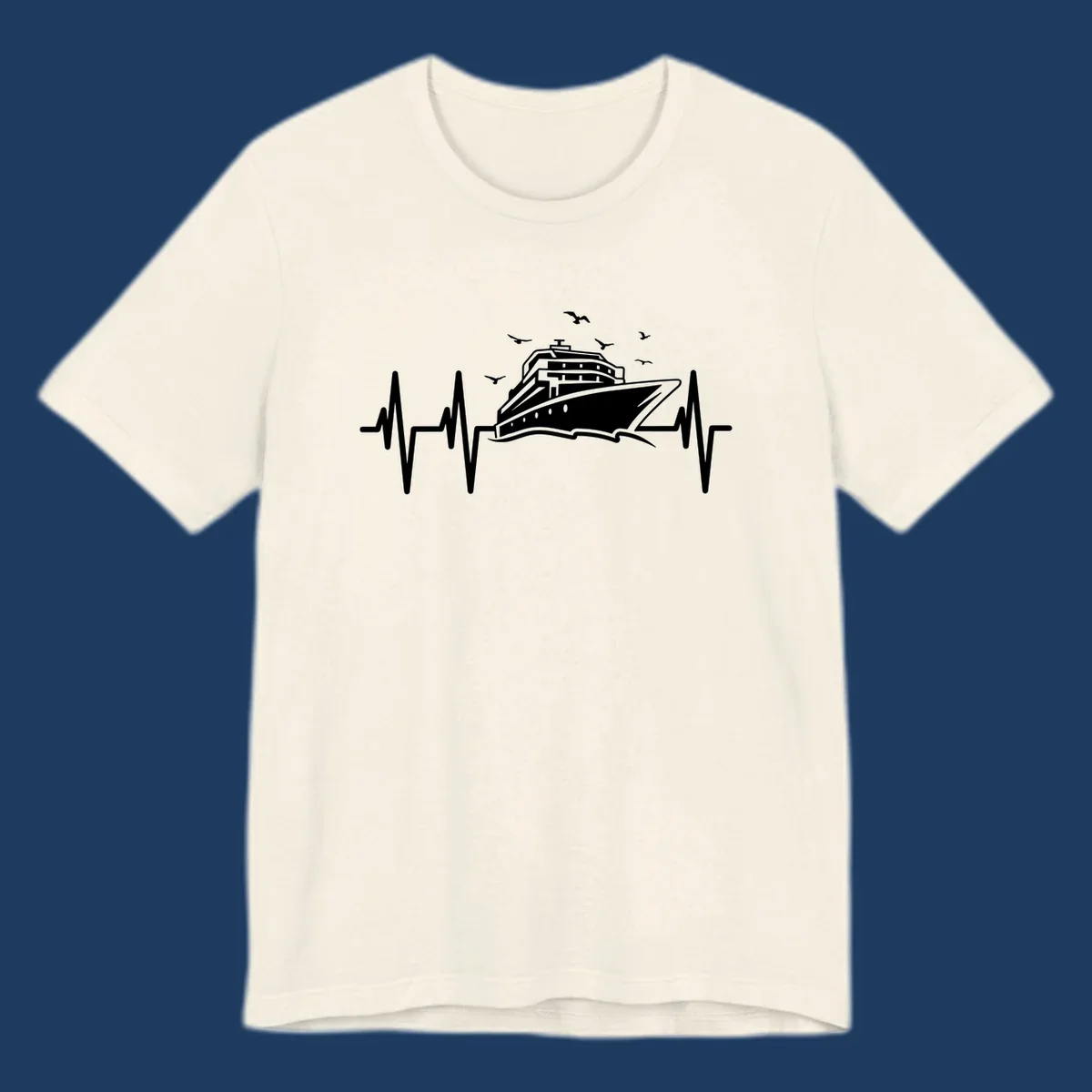 White cruise ship illustration centered between heartbeat monitor lines with flying seagulls on gray background