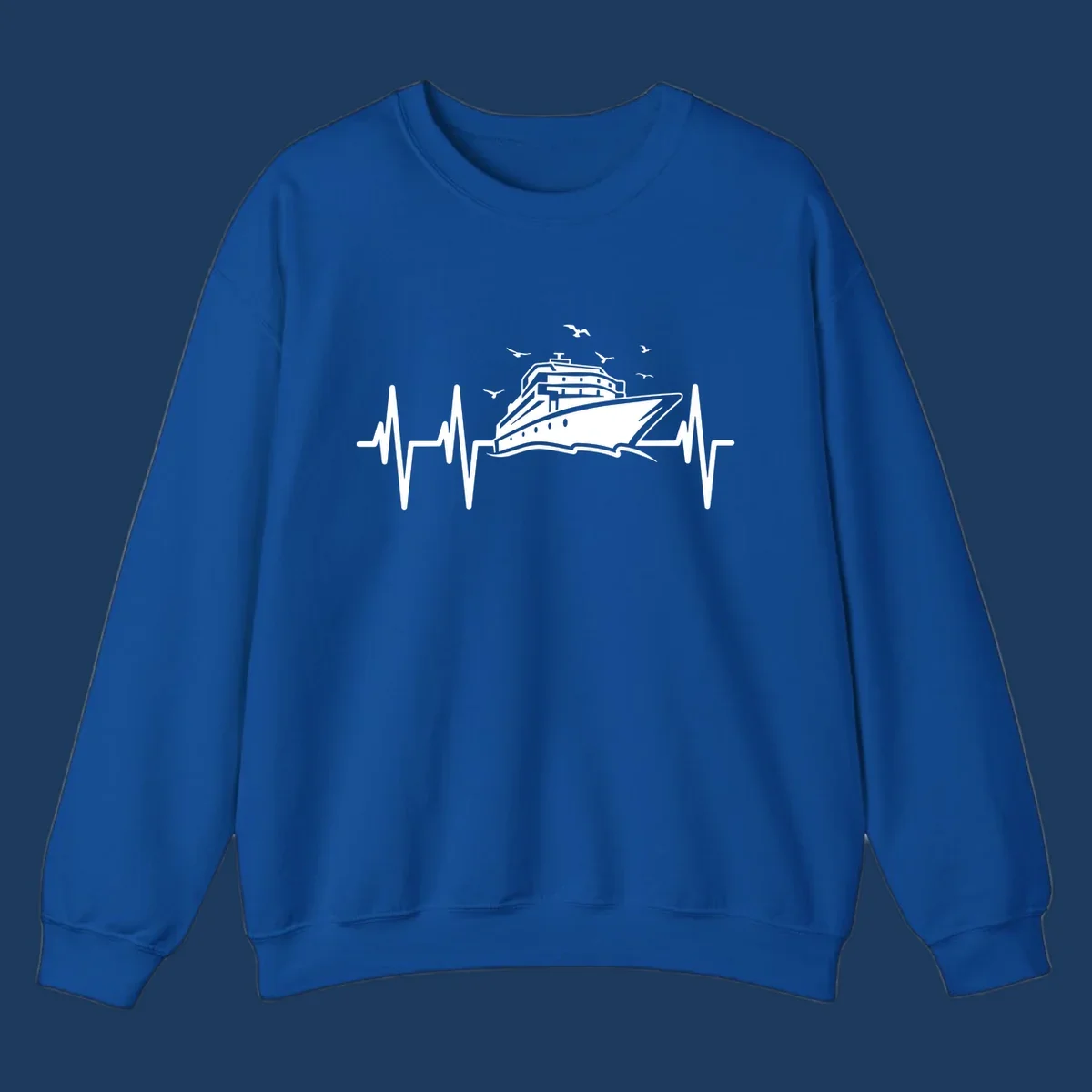 White cruise ship illustration centered between heartbeat monitor lines with flying seagulls on gray background